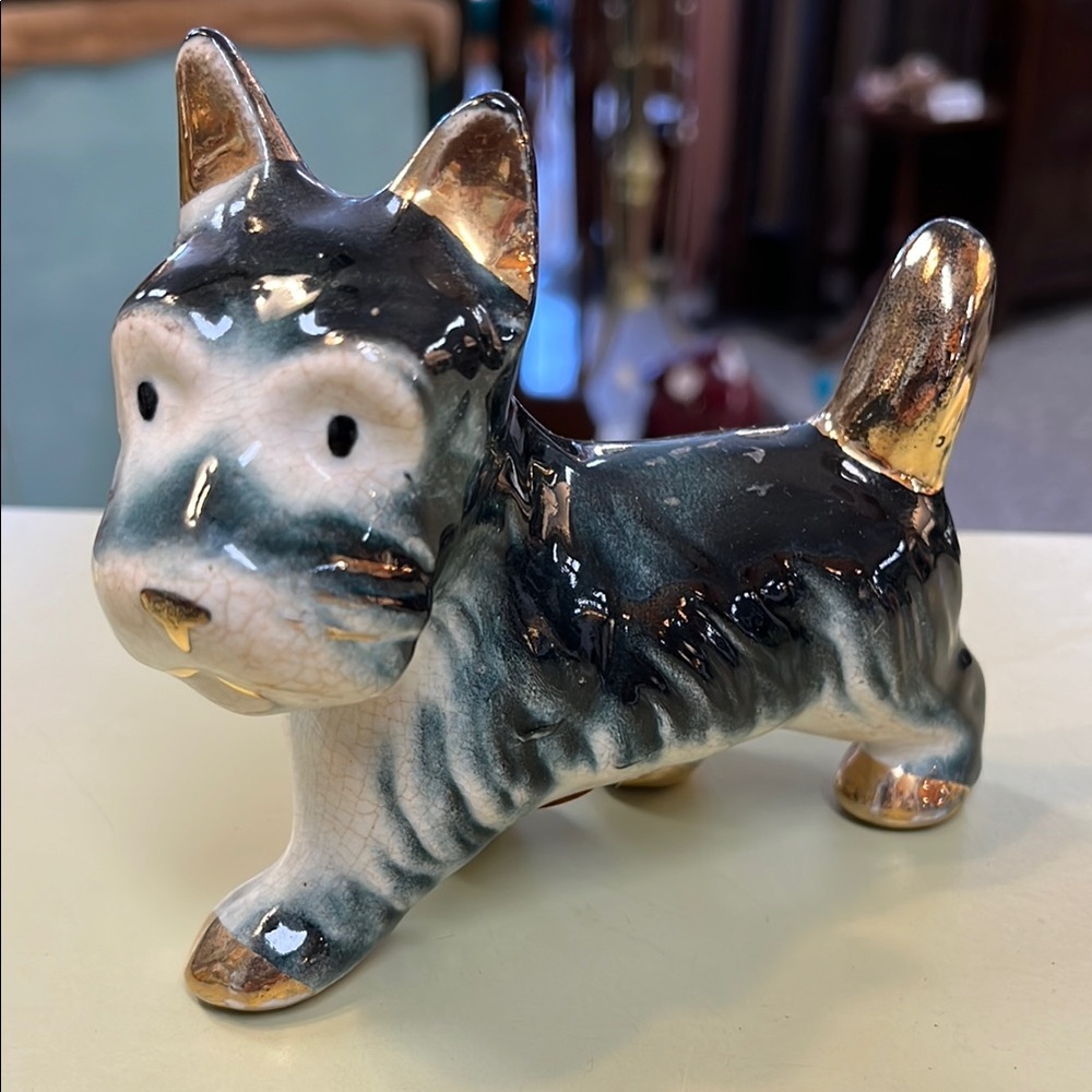 Ceramic Dog Figurine with Gold Accents